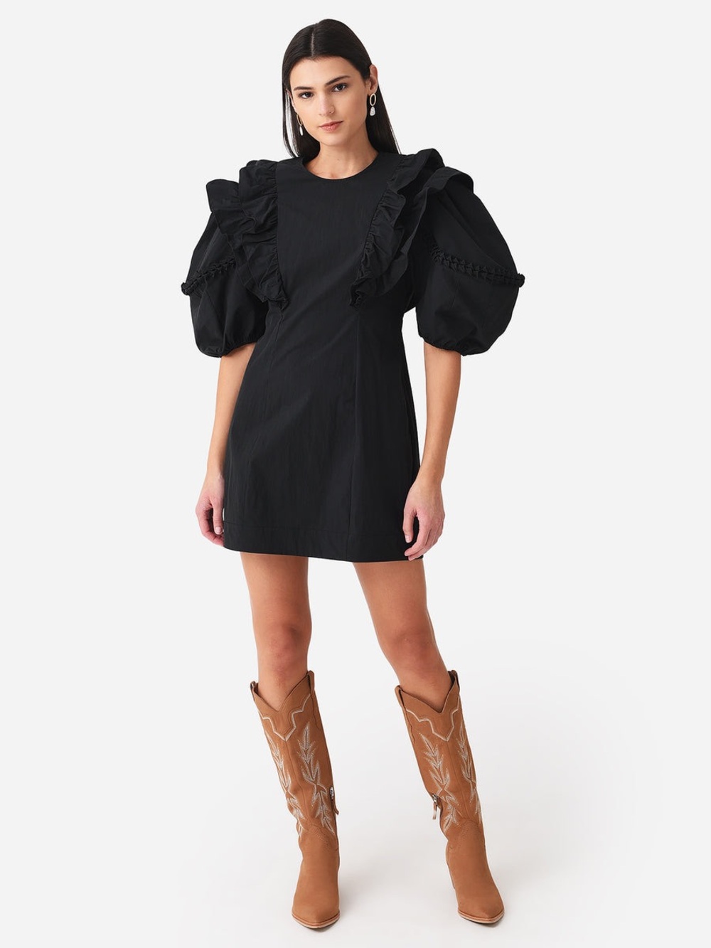 RHODE Black Varja Cotton Ruffled Puff Sleeve Mini Dress